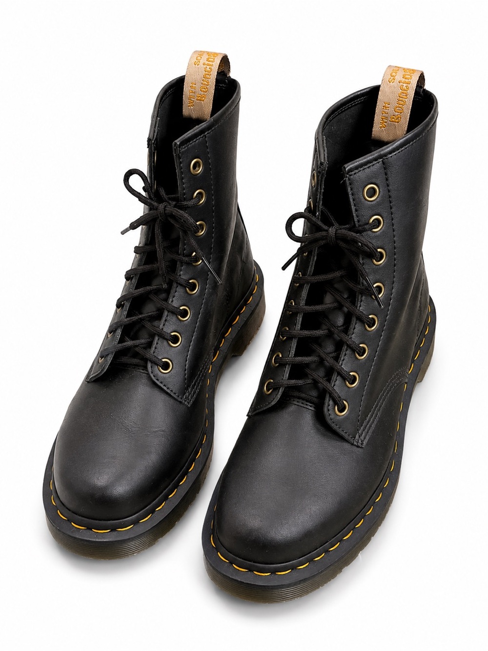 Dr. Martens Black Leather Lace-Up Combat Boots with Yellow Stitching